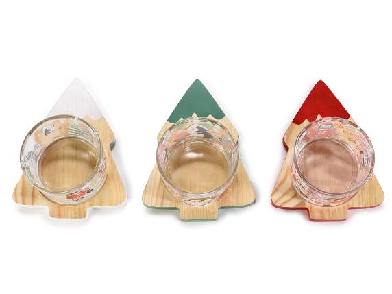Aperitif set with glass bowl and wooden tree base