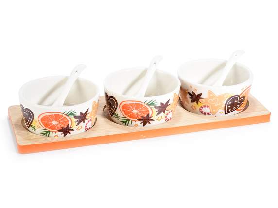 Aperitif set with 3 ceramic bowls on wooden tray