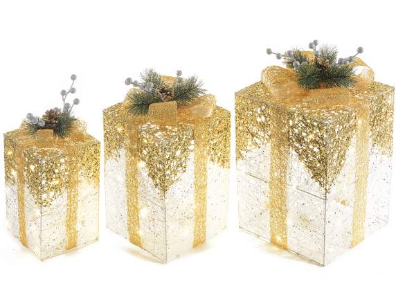 Set of 3 gold metal gift packs with warm white led lights