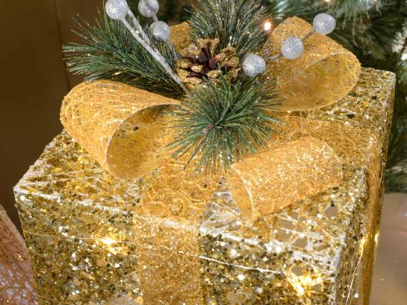 Set of 3 gold metal gift packs with warm white led lights