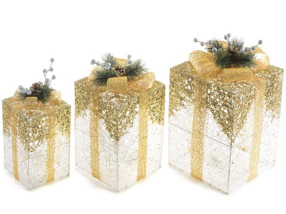 Set of 3 gold metal gift packs with warm white led lights