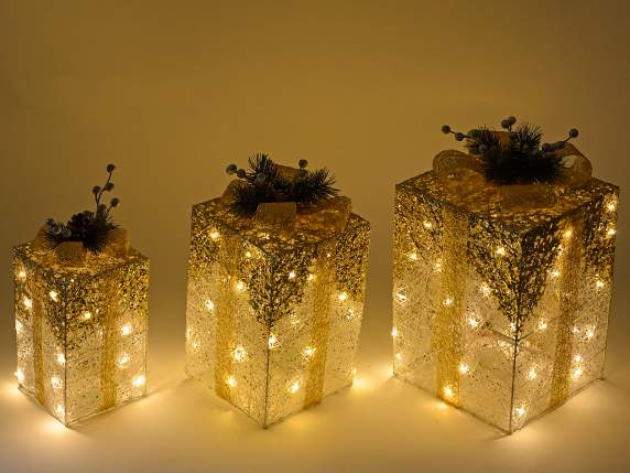 Set of 3 gold metal gift packs with warm white led lights