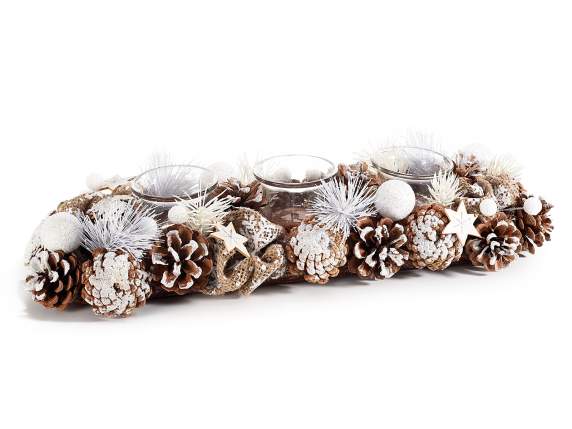 Centerpiece 3 glass candle holders and snowy pine cones