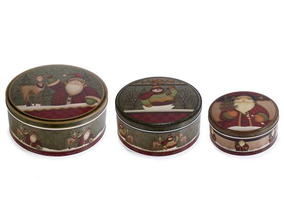 Set of 3 round metal boxes with Christmas decorations