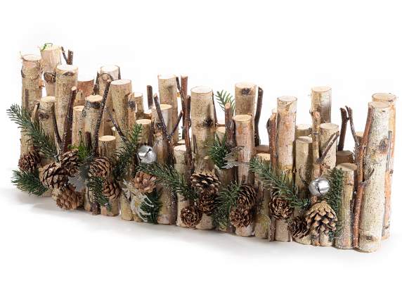 Decorative birch fence with pine cones and decorations