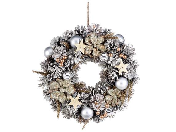Garland of glittery pine cones w-balls and flowers to hang