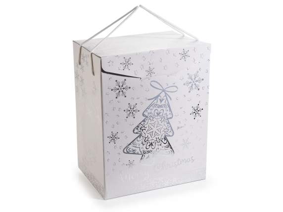 Cardboard box with Silver Christmas decorations and handle