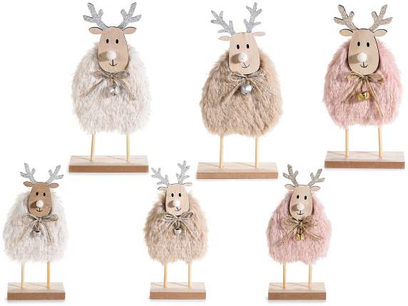 Set of 2 reindeer in wood and eco-fur with glittered bow and