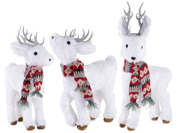 Set of 3 reindeer in soft eco-fur with knitted scarf