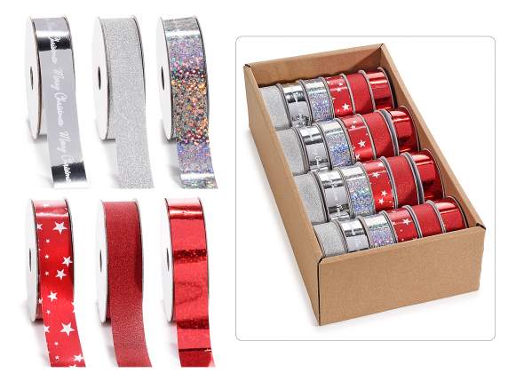 Display of 24 15mm curlable polyester Christmas ribbons