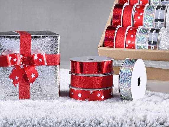 Display of 24 15mm curlable polyester Christmas ribbons