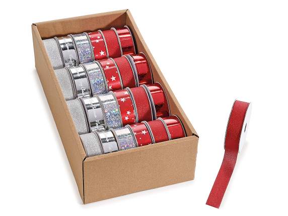 Display of 24 15mm curlable polyester Christmas ribbons
