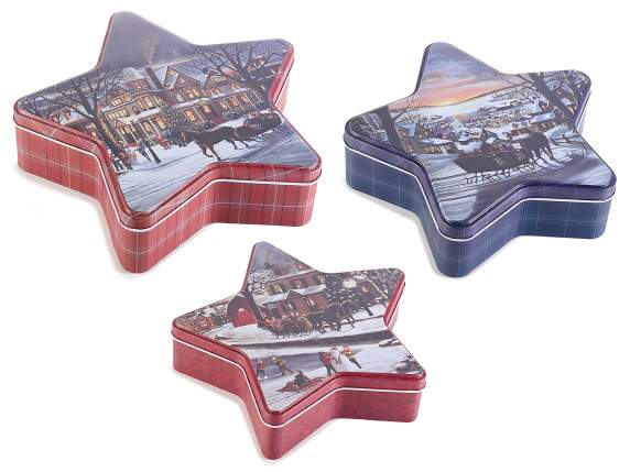 Set of 3 opaque metal star boxes with Christmas designs