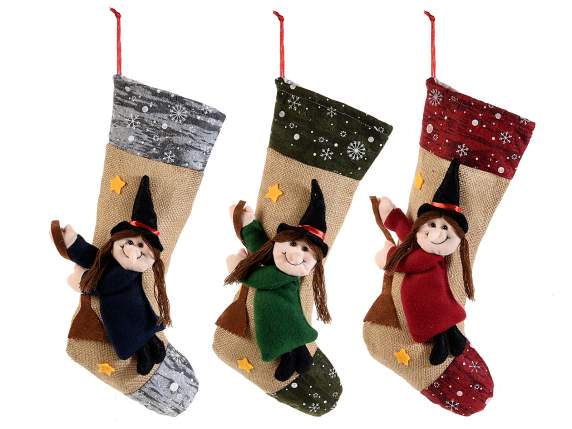 Befana stocking cloth and jute w - embossed decorations to h