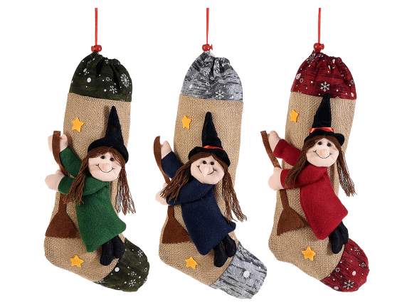 Befana stocking cloth and jute w - embossed decorations to h