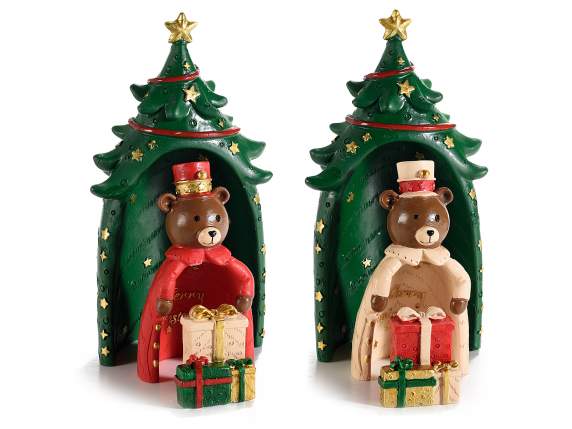 Set of 3 resin decorations with tree, Teddy and gifts