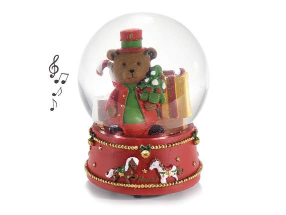 Snowball music box with Teddy on a decorated resin base