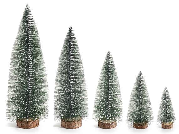 Set of 5 snowy Christmas trees on a wooden base