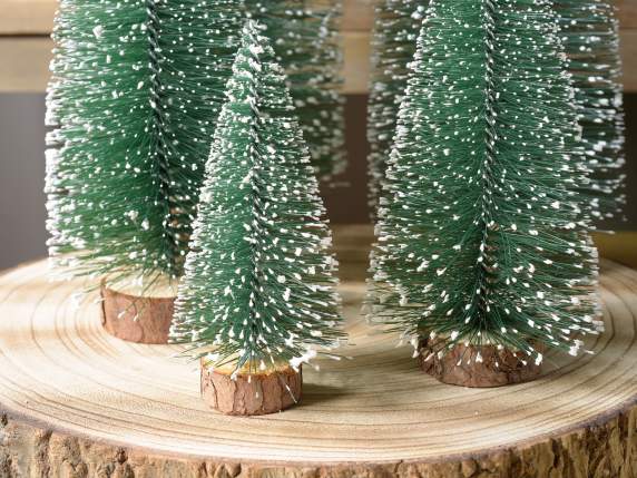 Set of 5 snowy Christmas trees on a wooden base