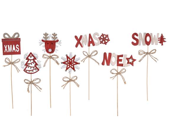 Christmas wooden decoration on stick with bow and glitter