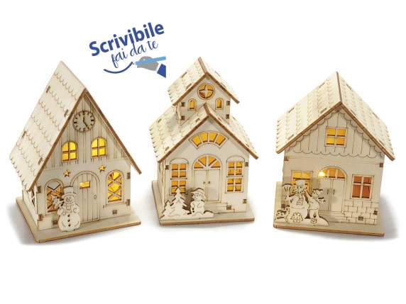Laser-worked wooden Christmas house with LED light