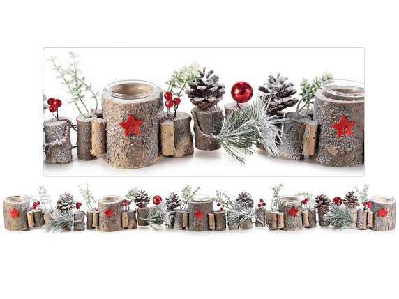 Wooden centerpiece garland, 5 glass tealight holders and dec