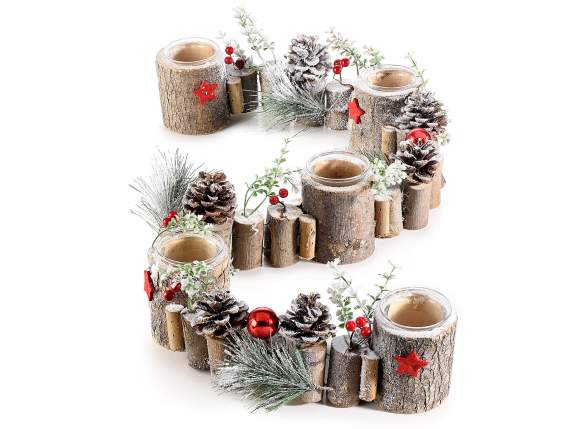 Wooden centerpiece garland, 5 glass tealight holders and dec