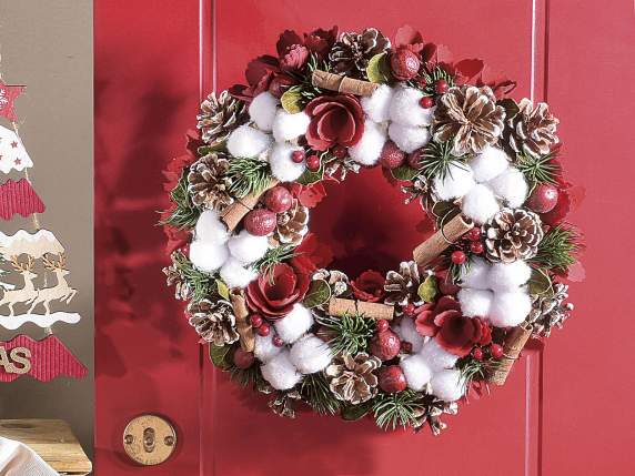 Garland of snowy pine cones w-flowers in red wood and cotton