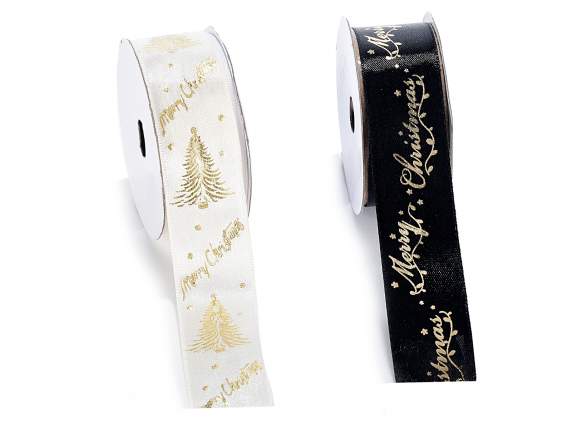 Cinta de raso de 25 mm con estampado navideño dorado