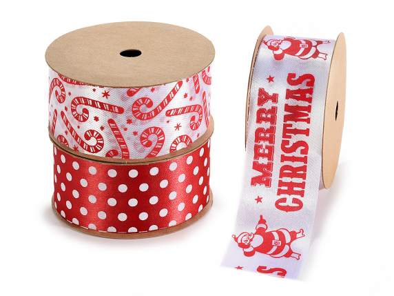 Cinta de poliéster roja y blanca 40 mm con adornos navideños