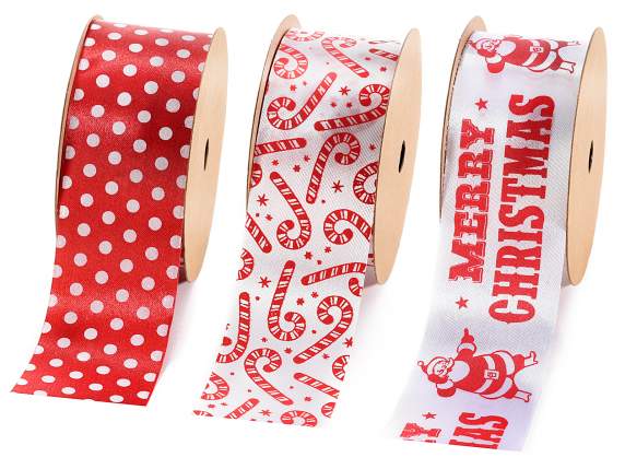 Cinta de poliéster roja y blanca 40 mm con adornos navideños