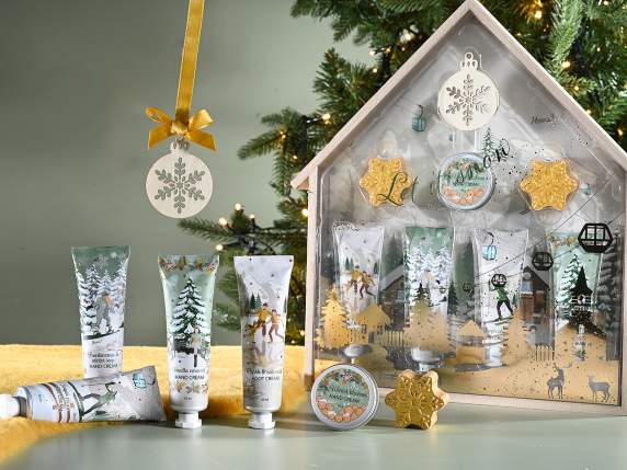 Coffret cadeau 5 crèmes, 2 bombes de bain et 1 déco en bois