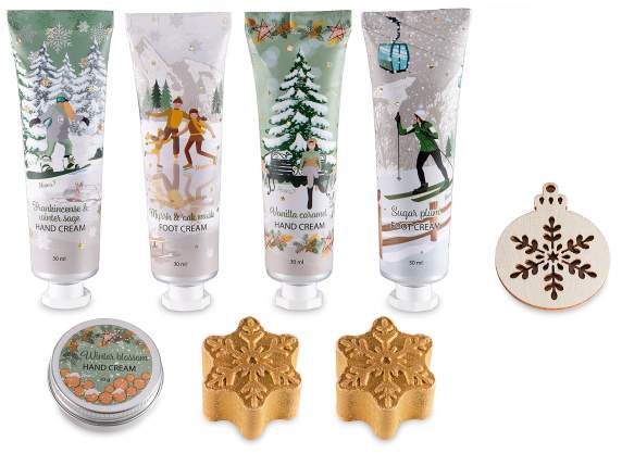 Coffret cadeau 5 crèmes, 2 bombes de bain et 1 déco en bois