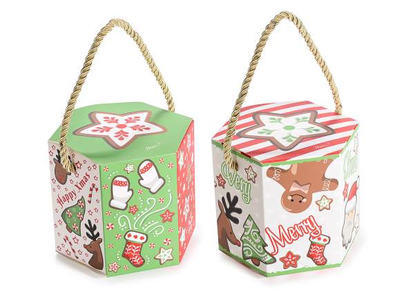Boîte en papier décorée de Noël avec poignée en ruban