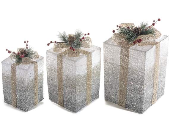Lot de 3 boîtes cadeaux en métal pailleté avec lumières LED