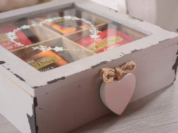 Caja de té - especias madera vidrio con 4 compartimentos col