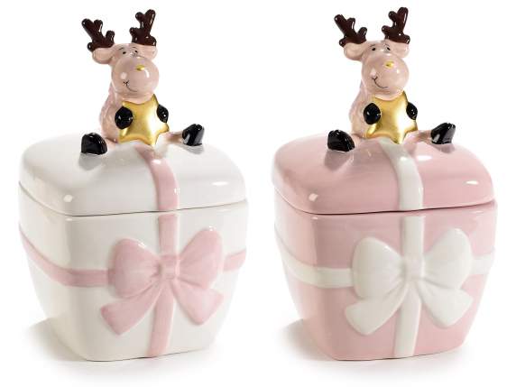 Colored ceramic jar with bow and reindeer w / star