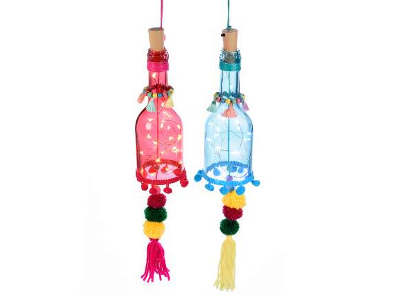 Colored glass bottle rattle set with pompoms and led lights