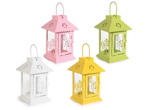 Colored metal candle holder lantern with carved decorations