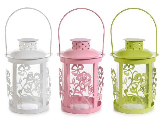 Colored metal candle holder lantern with floral carvings