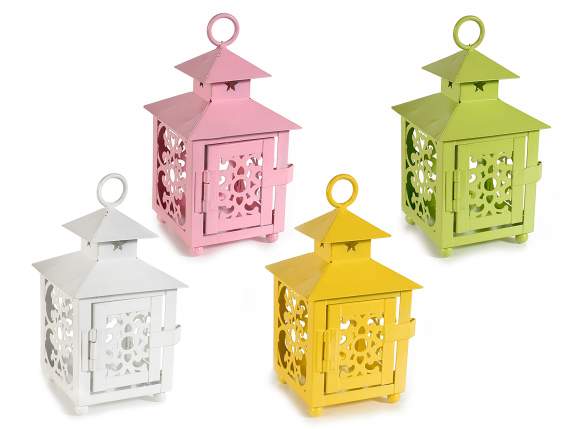 Colored metal lantern holder with carved decorations
