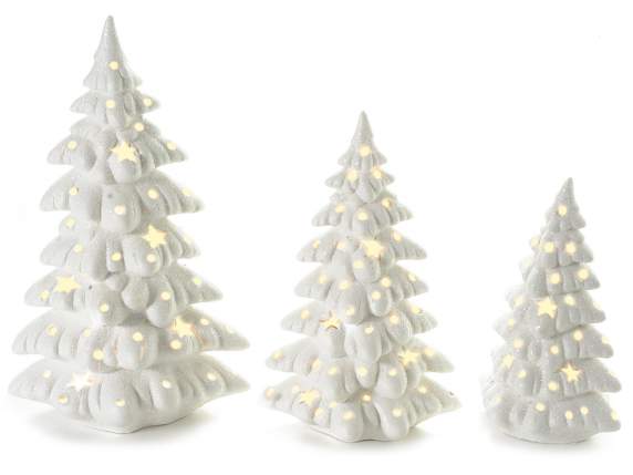 Set de 3 copaci de porțelan alb cu lumină și sclipici LED