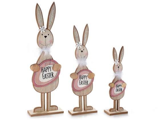Set de 3 iepuri din lemn cu ou, litere sclipitoare și urechi