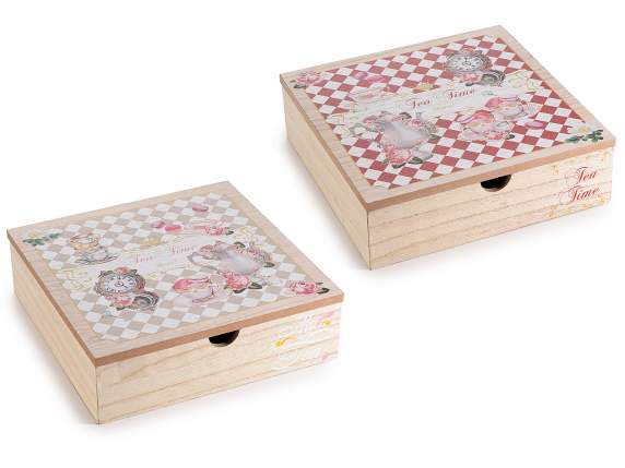 Caja madera para té-especias 9 compartimentos y decoraciones