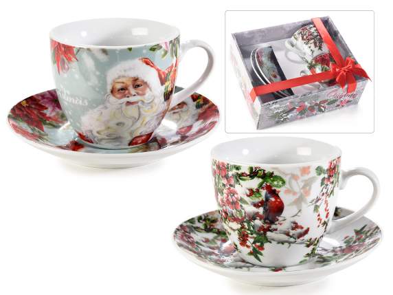 Conf. 2 tazze da tè con piattino in porcellana decorata