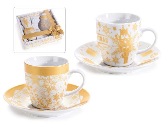 Conf. 2 tazzine caffè e piattino in porcellana decori dorati