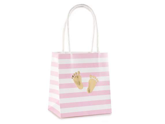 Conf. 25 borsette carta righe rosa con piedini dorati
