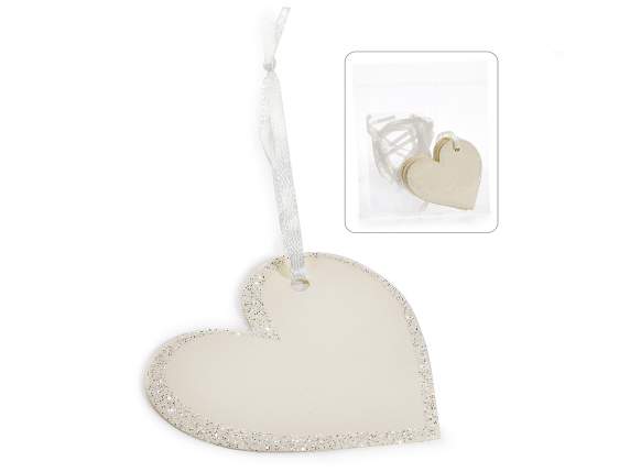 Conf.10 tag a cuore carta crema bordo glitter e nastro raso