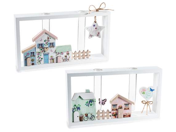 Paisaje de madera con casas y 2 tubos de ensayo de vidrio.