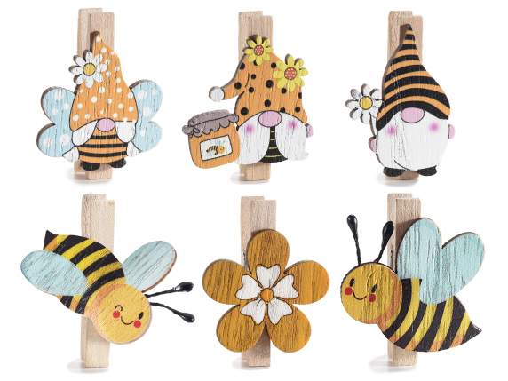 Confezione 6 mollette in legno con api, fiori e gnomi